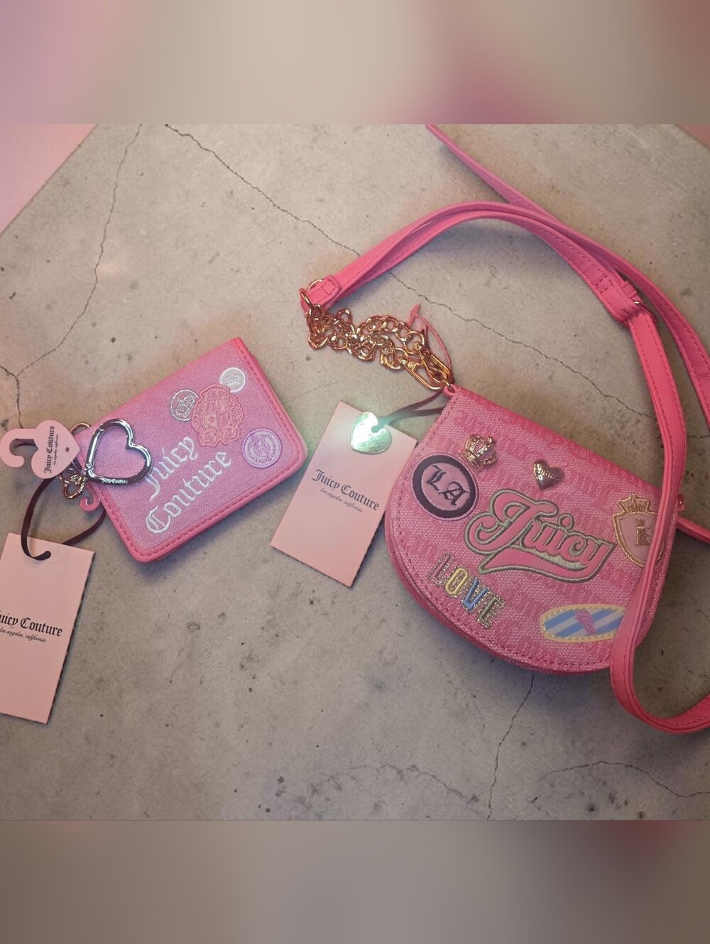 Juicy Couture Set Of 2 NWT Pink Patchwork Crossbody Mini Bag with Card Wallet.